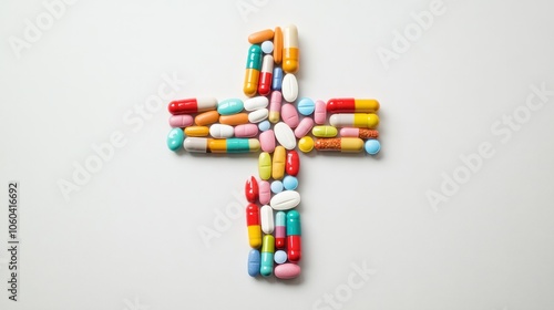 various colored pills arranged in the shape of a cross on a clean white background symbolizing the intersection