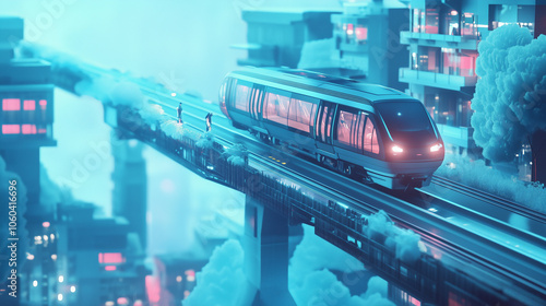 Maglev train hovering above guideway in futuristic setting, illustration photo