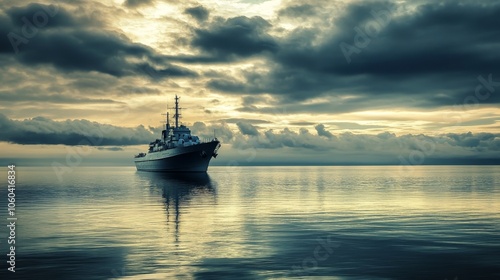 Majestic Battleship Silhouetted Against Calm Waters and Cloudy Sky, Impressive Scale of Vessel