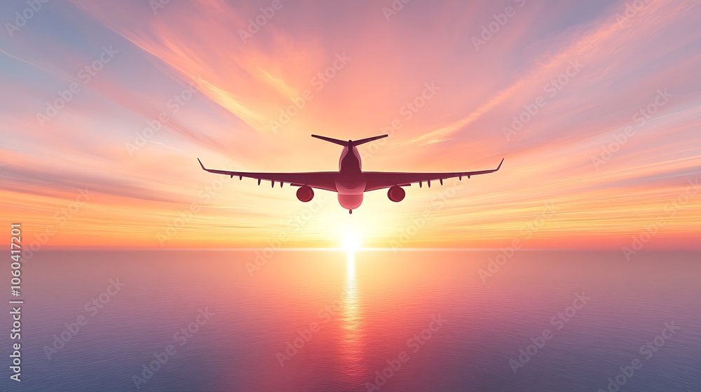 Airplane Flying in a Sunset Soft Pastel Background for Graphic Design Templates Airplane Flying in a Sunset Soft Pastel Background for Graphic Design Templates