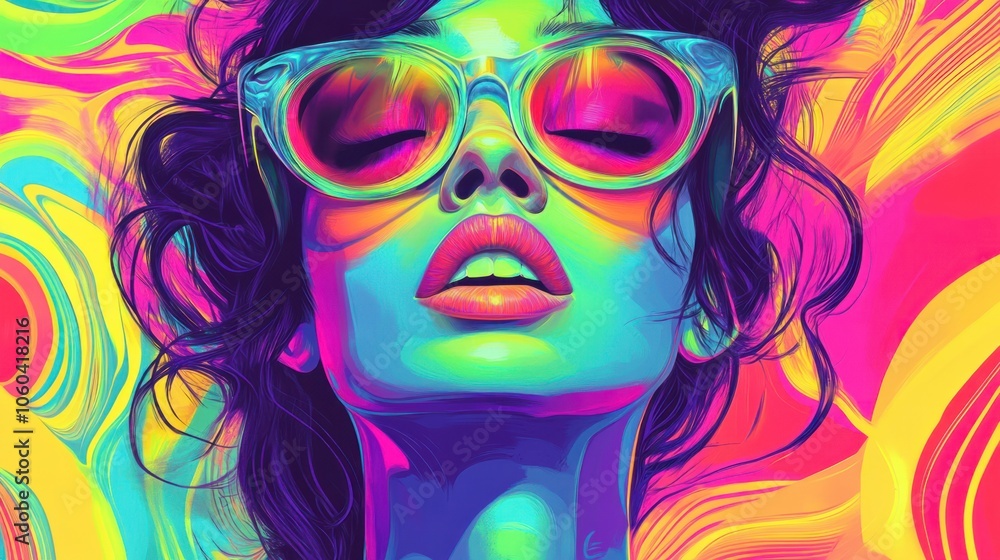 Bold, retro-inspired psychedelic art with vibrant swirls, neon colors, and digital effects Bold, retro-inspired psychedelic art with vibrant swirls, neon colors, and digital effects