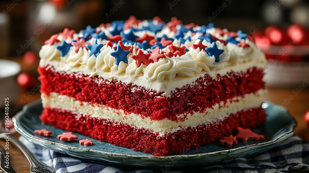Red Velvet Cake with White Frosting and Stars - Food Photography Red Velvet Cake with White Frosting and Stars - Food Photography