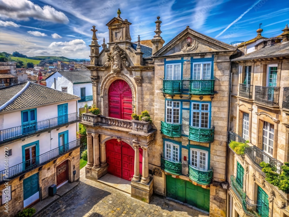 Fototapeta premium April Is National Child Abuse Prevention Month: Aerial View of Historic Architecture in Lugo, Spain with Emphasis on Old Building Doors and Urban Resilience