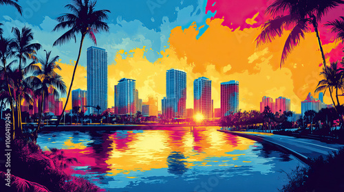 Jacksonville, Pop Art style theme print. Cityscape, city skyline.Vibrant, bright, modern, trendy, graphic designed for poster, card, wallpaper