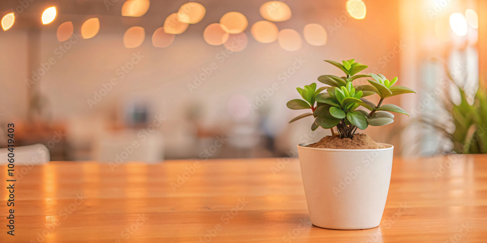 Fototapeta premium small green plant in black pot on wooden table with blurred modern office background and bokeh effect