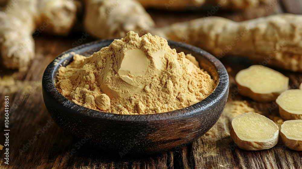 Fototapeta premium Ginger Powder in Wooden Bowl - Food Photography