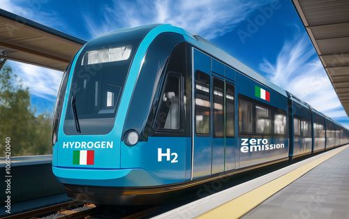 Hydrogen train with "H2" and "Zero Emission" signs, and the flag of Italy at a railway station platform.