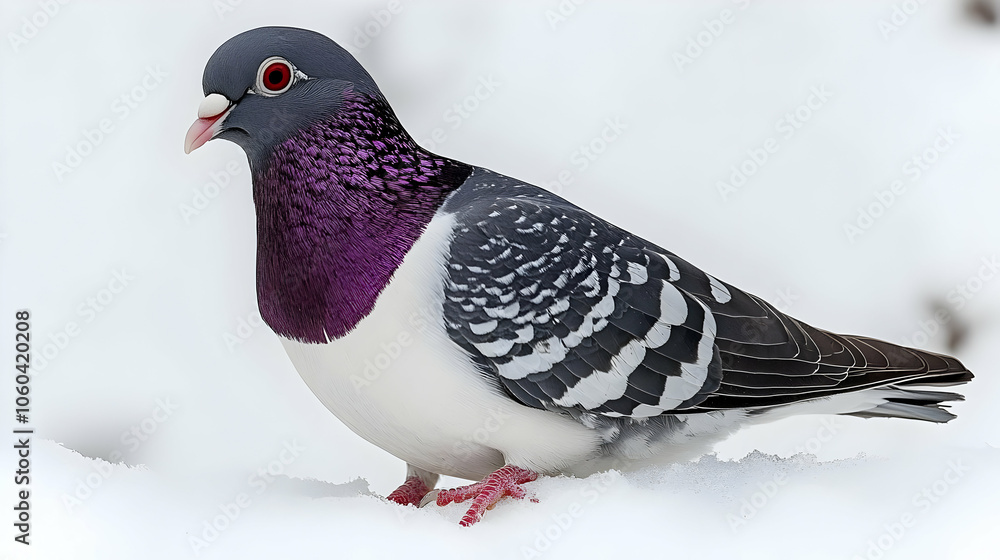 Fototapeta premium Purple and White Pigeon Standing in Snow - Realistic Photo