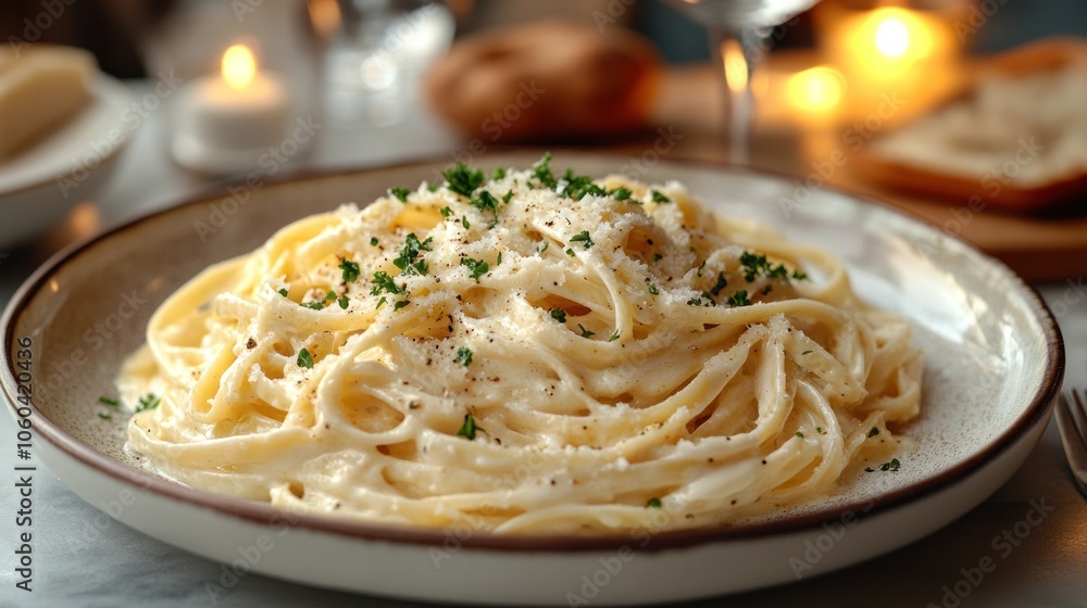 A creamy pasta dish served elegantly on a plate, garnished with herbs. A creamy pasta dish served elegantly on a plate, garnished with herbs.