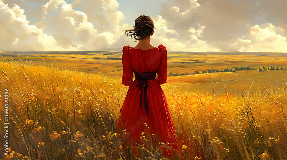 Obraz premium Woman in Red Dress, Golden Field Illustration