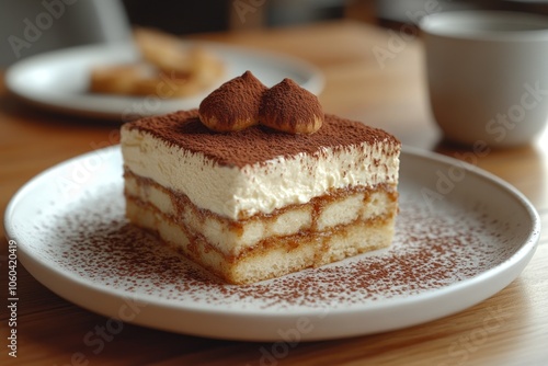 A delicious slice of tiramisu served on a plate, garnished with cocoa powder.