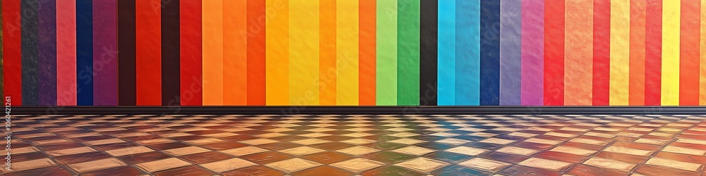 Naklejka premium An image showcasing bold, vertical rainbow stripes forming a vibrant wall. The wall should contrast with a geometric-patterned tiled floor, creating a modern and striking visual effect.