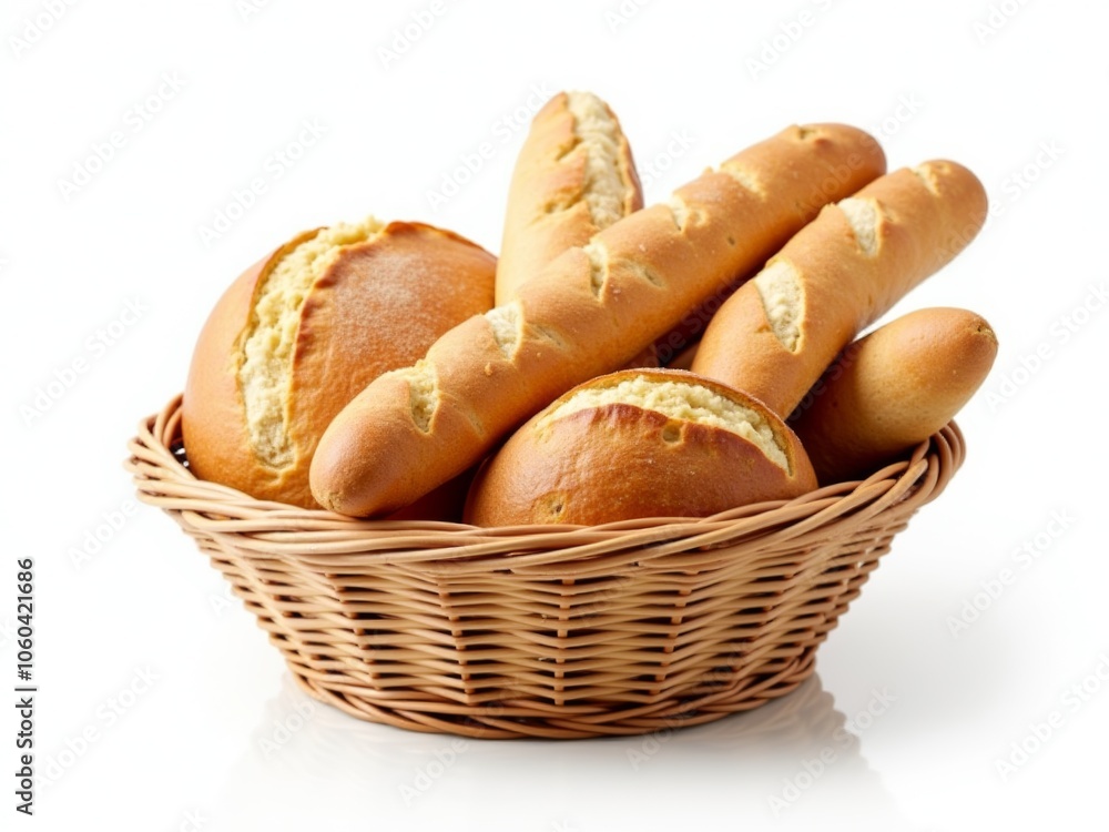 Freshly Baked Rolls and Breadsticks in a Woven Basket on a White Background Ready for Sharing Freshly Baked Rolls and Breadsticks in a Woven Basket on a White Background Ready for Sharing