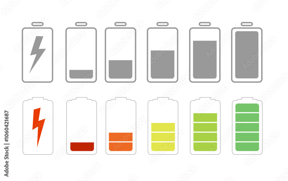 Battery with different level of charge. Car battery indicator, battery charge signs. Wireless charging energy sign. Vector Battery with different level of charge. Car battery indicator, battery charge signs. Wireless charging energy sign. Vector