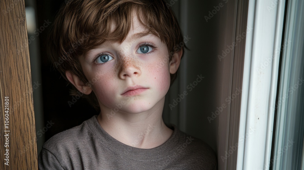 Young Boy Looking Out Window with Pensive Expression Young Boy Looking Out Window with Pensive Expression