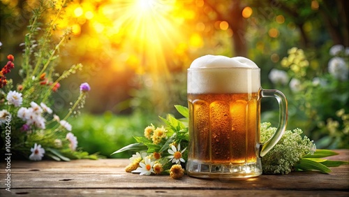 Golden Hour Refreshment A Frothy Mug of Beer on a Rustic Table with Delicate Wildflowers and a Sun-Drenched Background