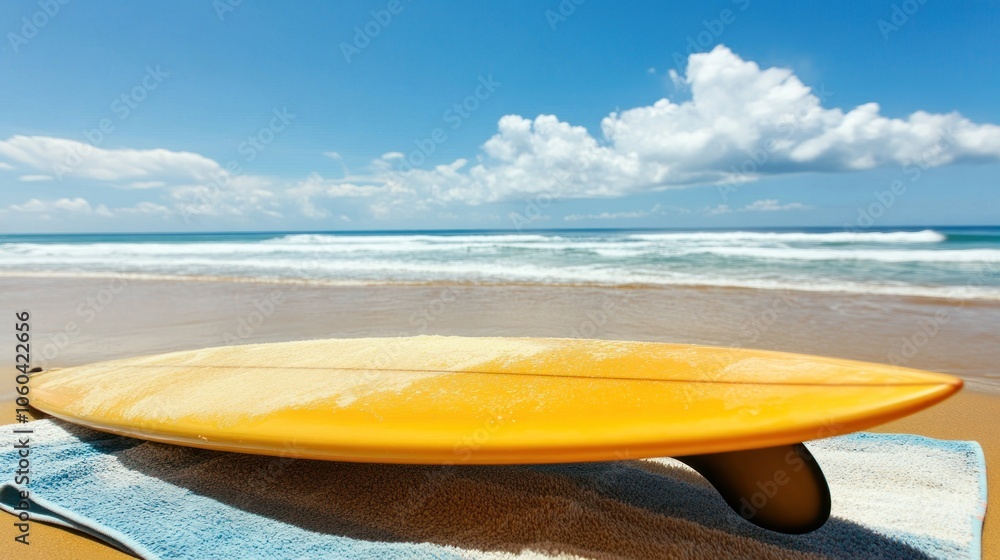 A yellow surfboard rests on a towel by the beach, with waves and clouds in the background. A yellow surfboard rests on a towel by the beach, with waves and clouds in the background.