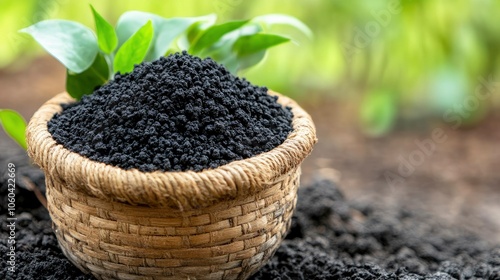 Black Sesame Seeds in a Woven Basket on Soil