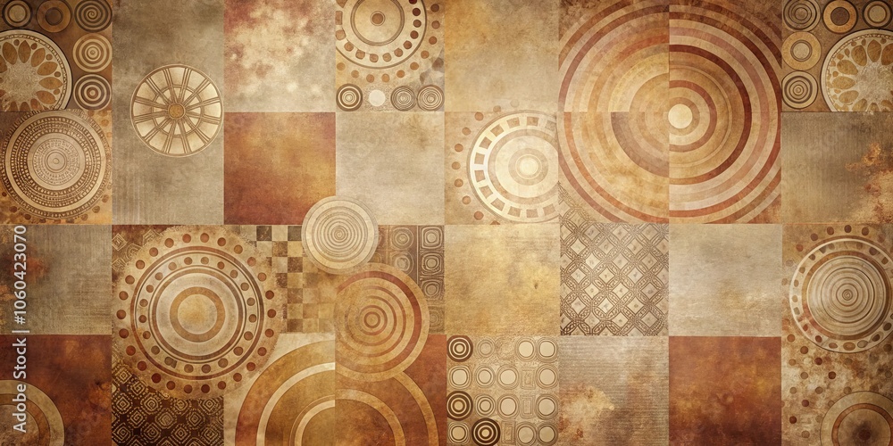 Naklejka premium Abstract geometric pattern with distressed texture featuring circular, square, and patterned design elements in earthy tones