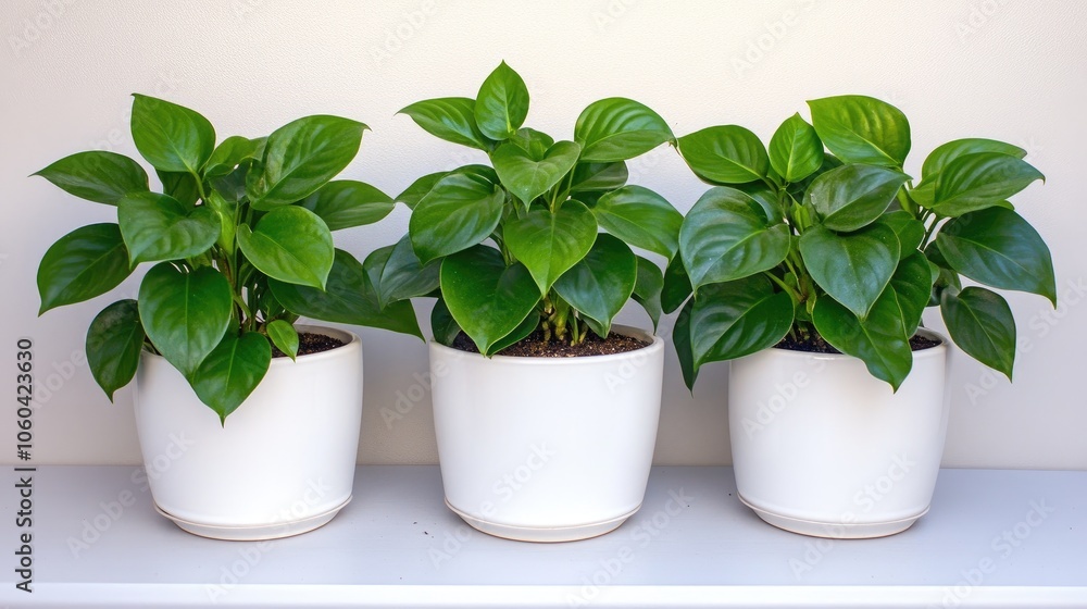 Fototapeta premium A beautiful arrangement of five unique houseplants in elegant white pots displayed on a shelf against a clean white background