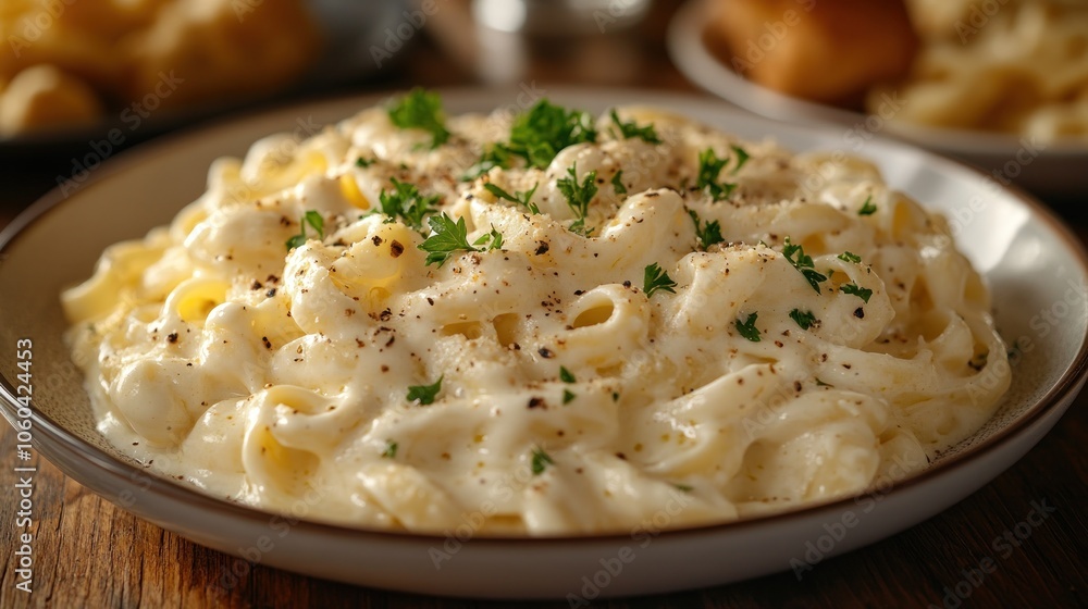 Creamy pasta dish garnished with parsley, served in a bowl.
