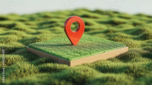 A 3D icon of a location pin placed on a green land parcel, symbolizing real estate investment and construction project planning.