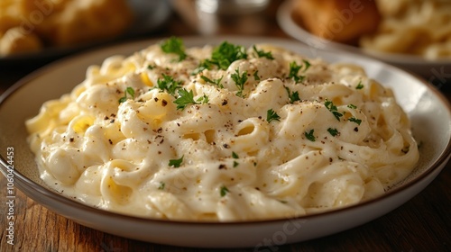 Creamy pasta dish garnished with parsley, served in a bowl.