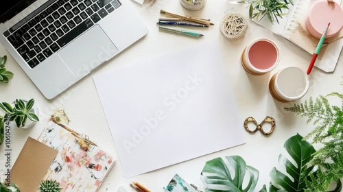 A workspace with a laptop, stationery, and plants, ready for creative tasks.
