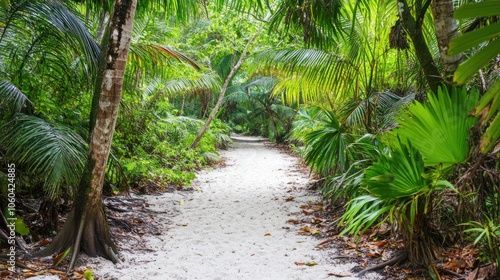 A serene sandy path through lush tropical vegetation.