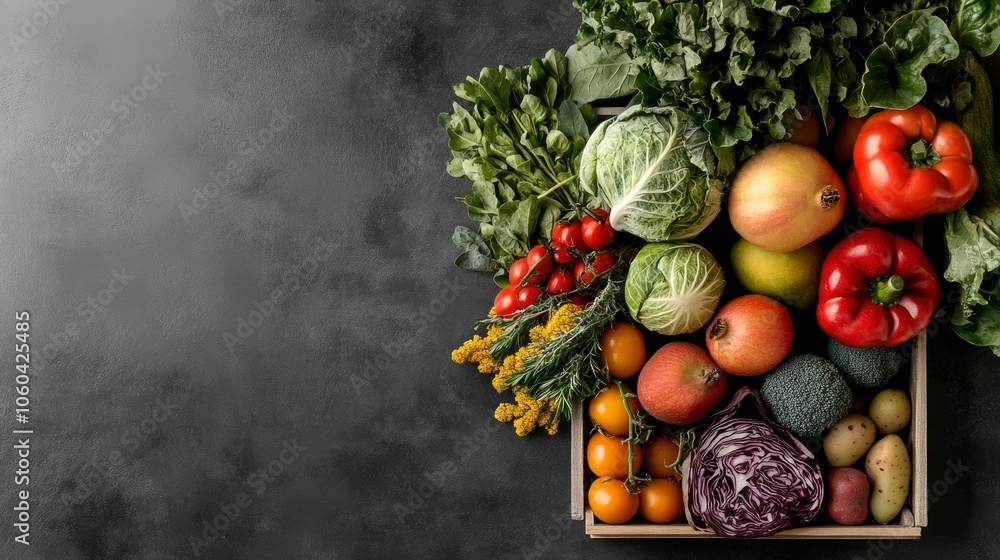 Fresh Vegetables and Fruit in a Wooden Crate Fresh Vegetables and Fruit in a Wooden Crate