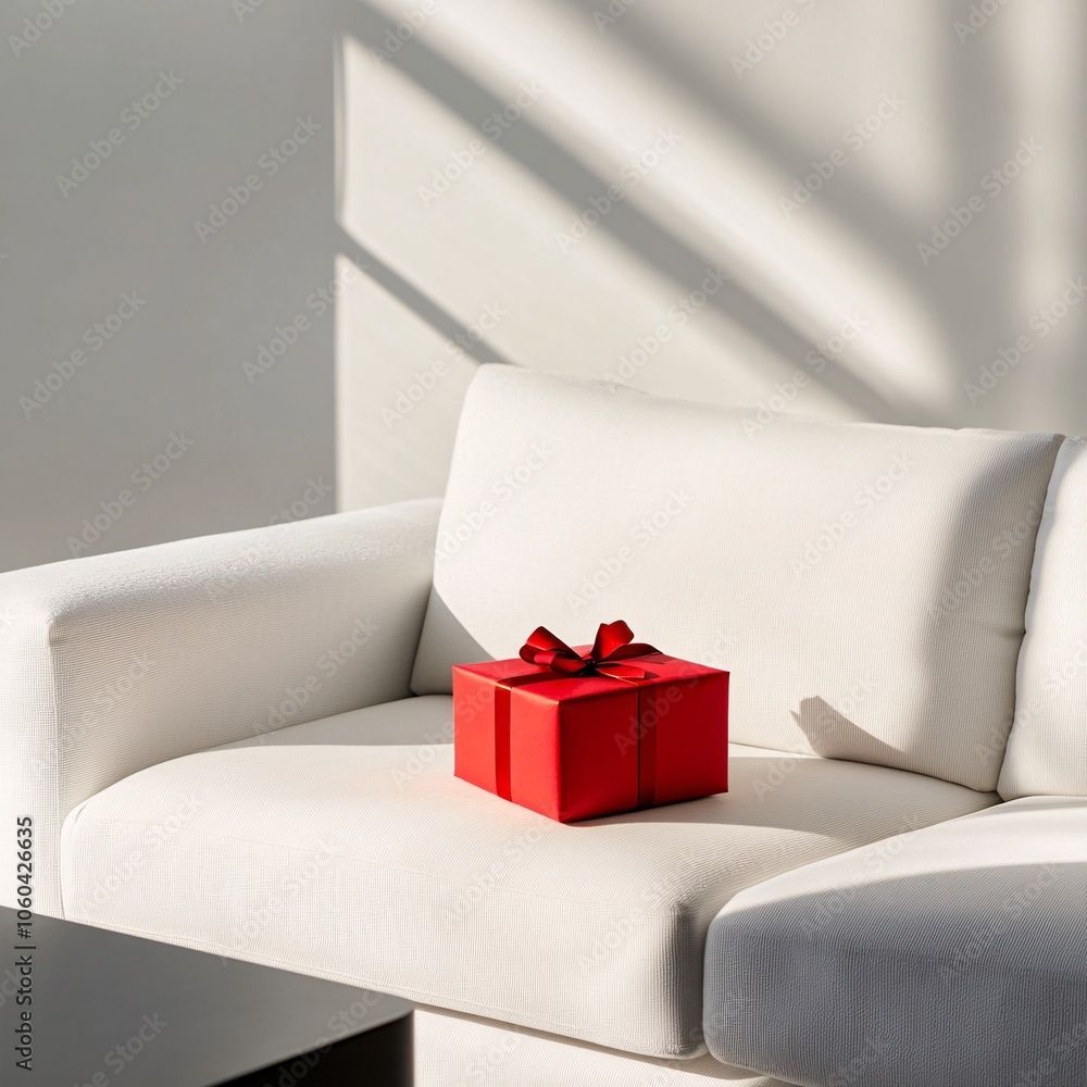 Red Gift Box on White Sofa Red Gift Box on White Sofa