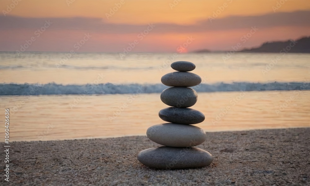 A stack of smooth stones balanced on a sandy beach with ocean waves in the background during sunset, symbolizing balance and tranquility