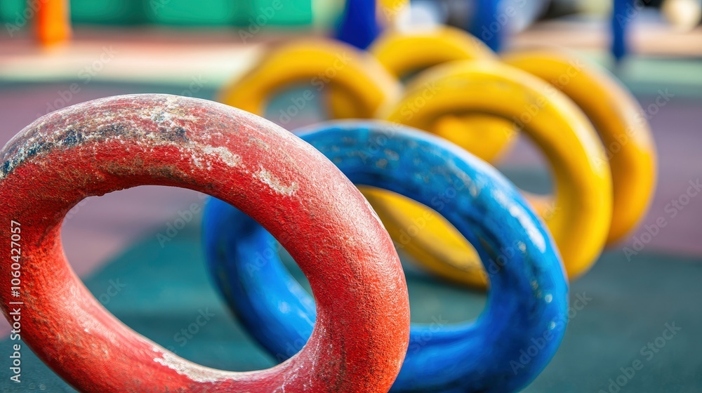 Colorful Playground Rings in Close-Up Colorful Playground Rings in Close-Up