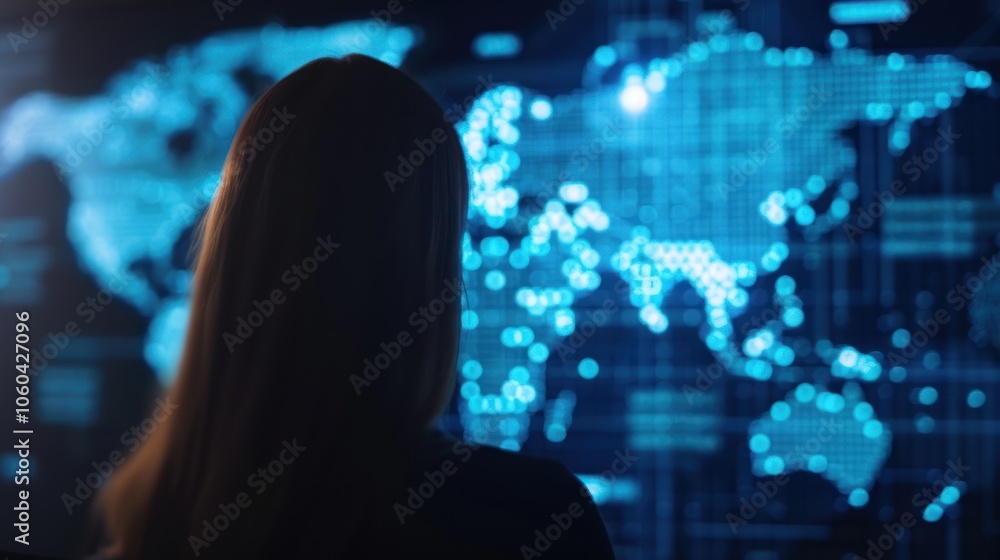 A silhouette of a person looks toward a digital world map, displaying blue data points and connected lines, symbolizing technology and global connectivity. A silhouette of a person looks toward a digital world map, displaying blue data points and connected lines, symbolizing technology and global connectivity.