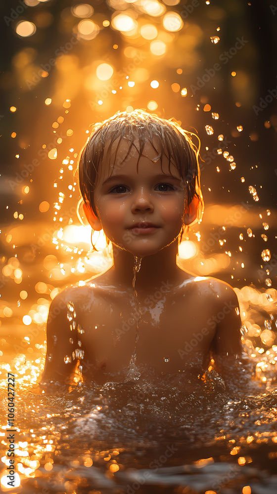 Golden light shines on a boy playing in water Golden light shines on a boy playing in water