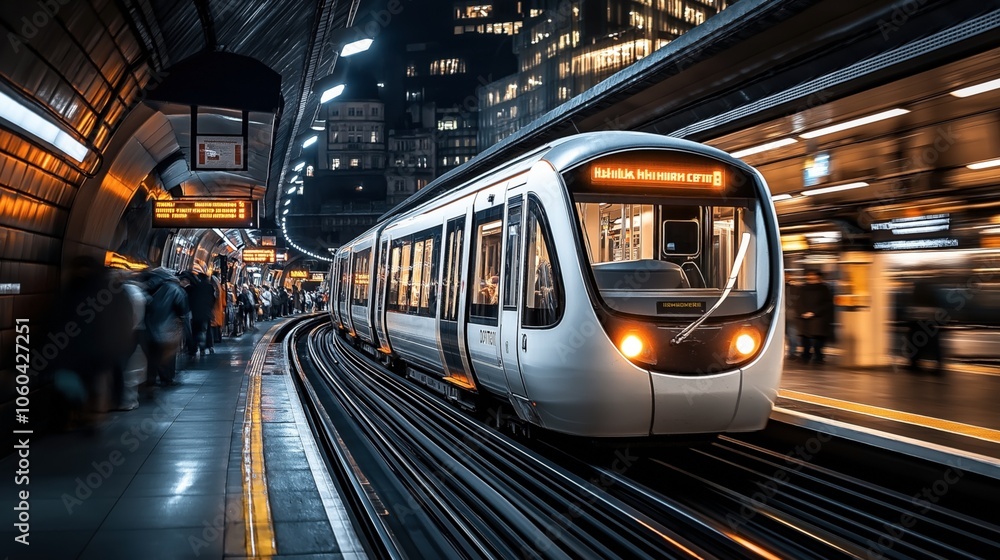 Naklejka premium Modern subway train arriving at an urban underground station at night, with motion blur capturing the bustling activity of passengers and illuminated cityscape in the background.