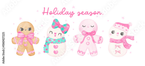 group of Pink Coquette Christmas gingerbread cookie and snow girl Pastel watercolor hand painting banner