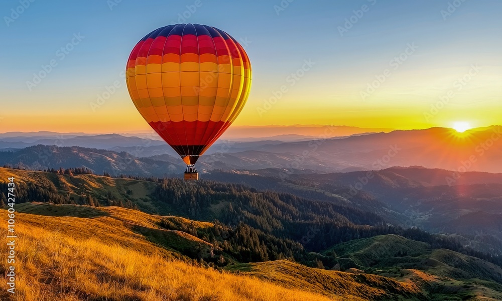 Fototapeta premium Colorful hot air balloon floating above scenic hills during sunrise.