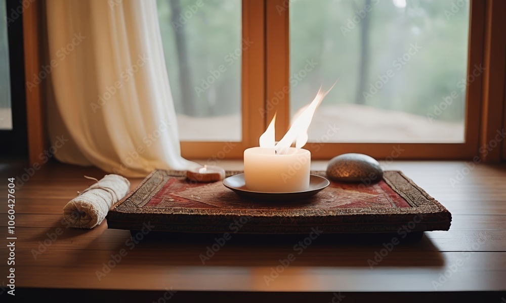 Fototapeta premium Indoor meditation space with a small fire pit on a rug, creating a warm and serene atmosphere