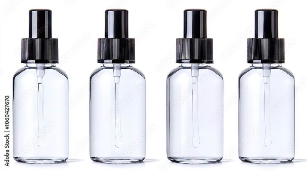 Elegant collection of transparent cosmetic bottles with sleek black caps and pump heads on a clean white backdrop Elegant collection of transparent cosmetic bottles with sleek black caps and pump heads on a clean white backdrop