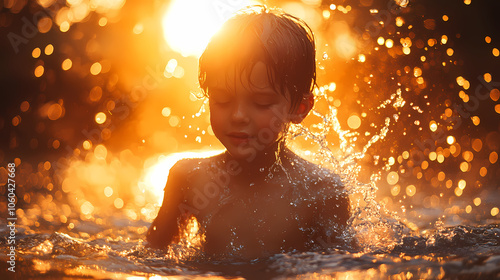 Golden light shines on a boy playing in water