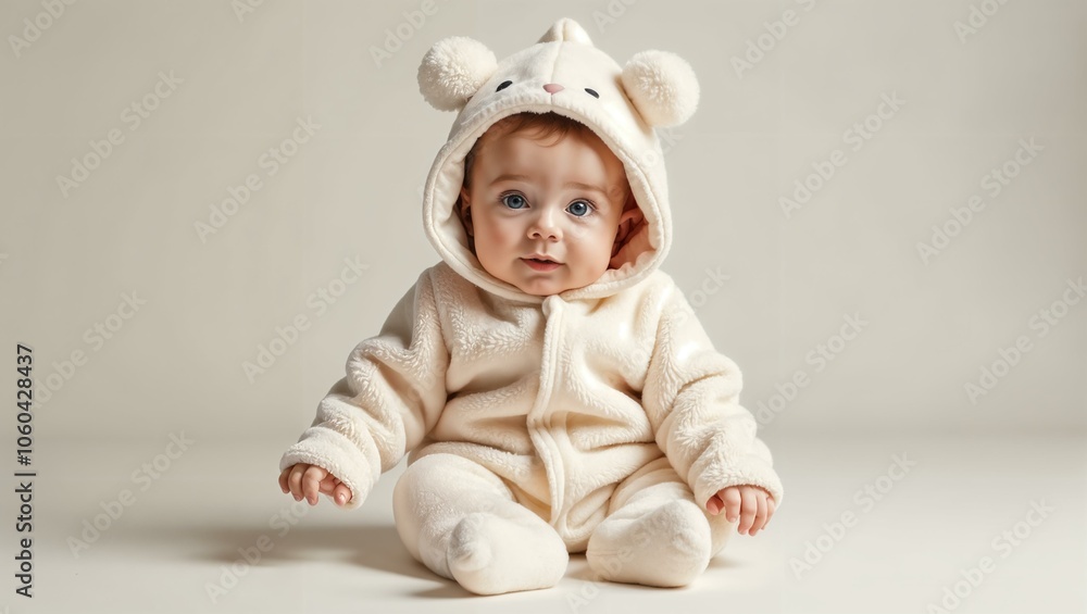 Cute baby in fluffy pajamas on plain background Cute baby in fluffy pajamas on plain background