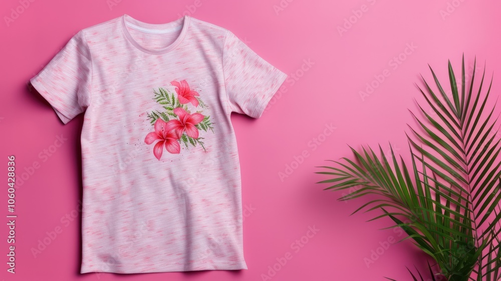 A pink floral-printed t-shirt is displayed on a pink background, complemented by a green palm leaf, creating a vibrant and stylish look. A pink floral-printed t-shirt is displayed on a pink background, complemented by a green palm leaf, creating a vibrant and stylish look.