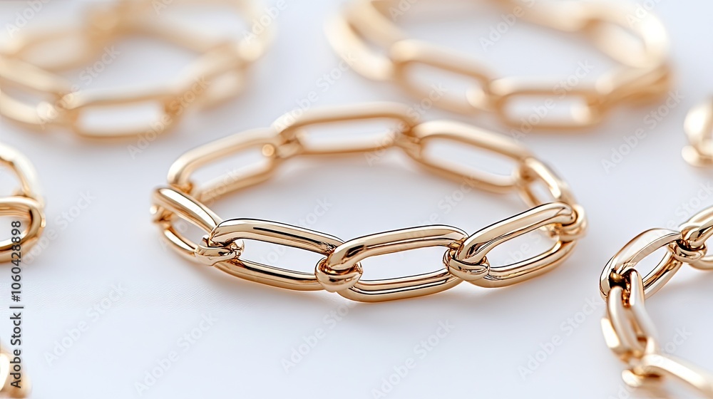 Elegant set of golden bracelets on white paper with soft shadows showcasing intricate chain and diamond designs Elegant set of golden bracelets on white paper with soft shadows showcasing intricate chain and diamond designs