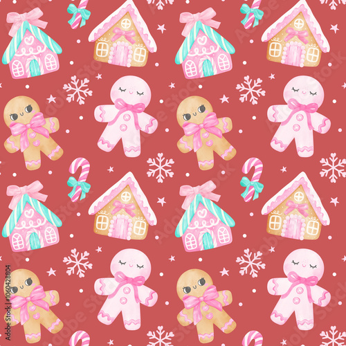 Coquette Christmas pink gingerbread man seamless Pattern watercolor