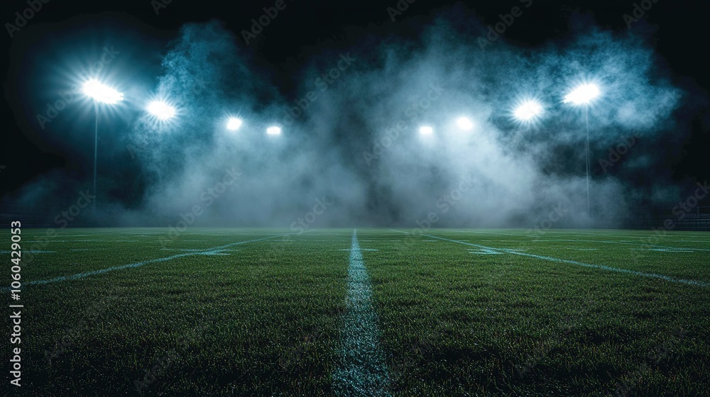 Obraz premium A large grassy field lit by two stadium lights, surrounded by darkness with smoke rising from the ground. 