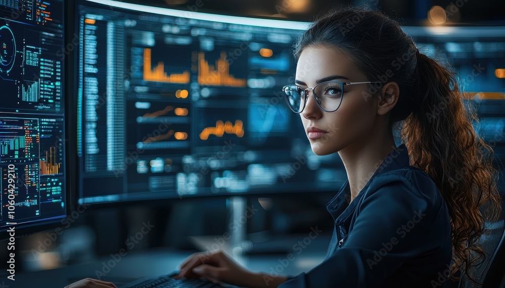 Woman Analyzing Data on Multiple Screens Woman Analyzing Data on Multiple Screens