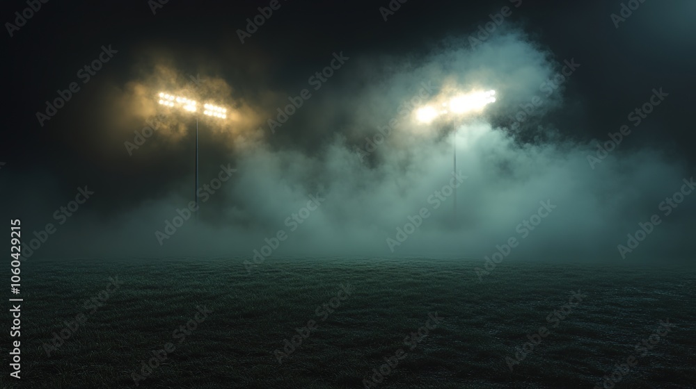 A large grassy field lit by two stadium lights, surrounded by darkness with smoke rising from the ground.
A large grassy field lit by two stadium lights, surrounded by darkness with smoke rising from the ground.