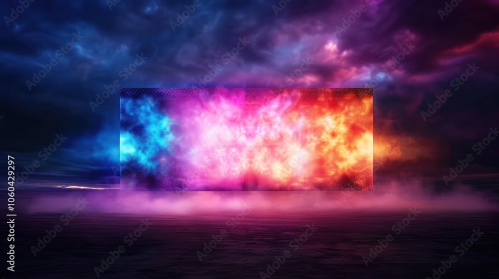 Fototapeta premium A vibrant cosmic display of colors emanating from a rectangular shape, set against a dramatic cloudy backdrop.