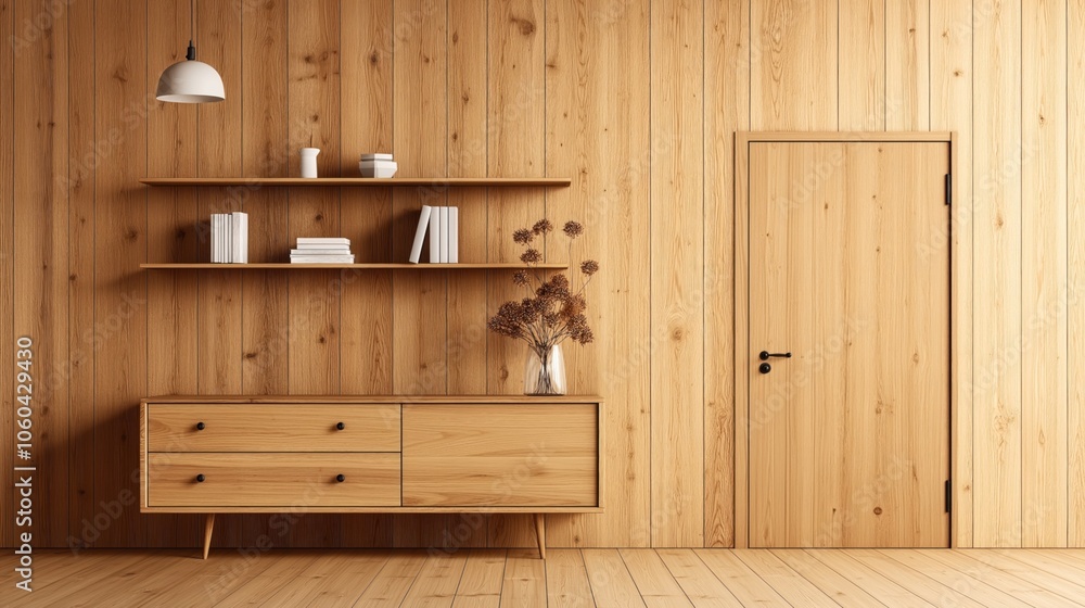Minimalist wooden interior with a sideboard, open shelves, and a door. The wall and floor feature vertical wood paneling, with a white pendant light and decorative elements like books and a vase. Minimalist wooden interior with a sideboard, open shelves, and a door. The wall and floor feature vertical wood paneling, with a white pendant light and decorative elements like books and a vase.